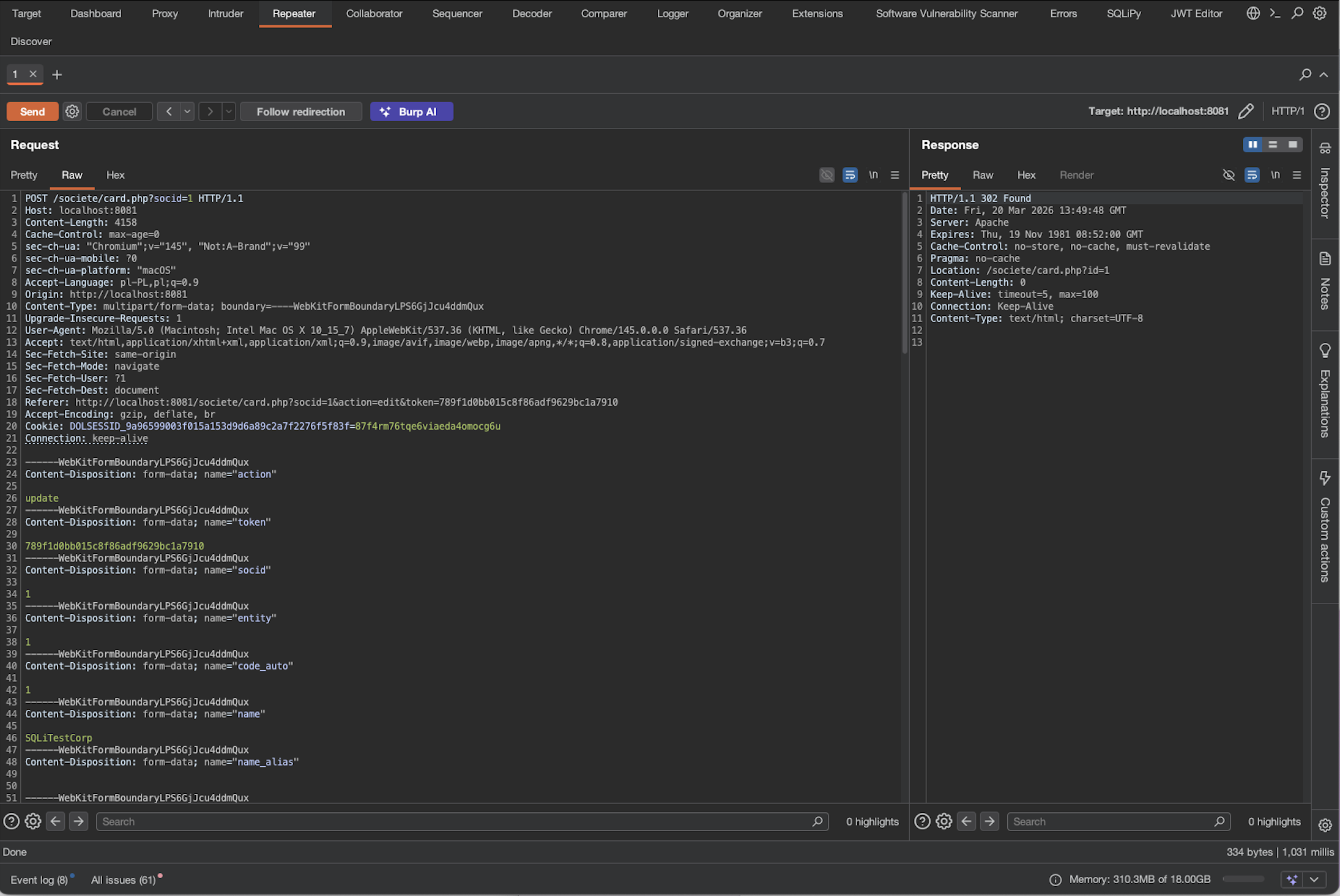 Burp Suite Repeater showing full POST request headers and HTTP 302 Found response