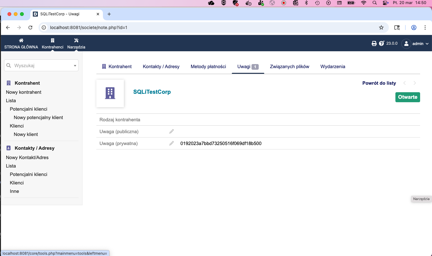Dolibarr Notes tab after exploitation — Private Note contains admin password MD5 hash 0192023a7bbd73250516f069df18b500