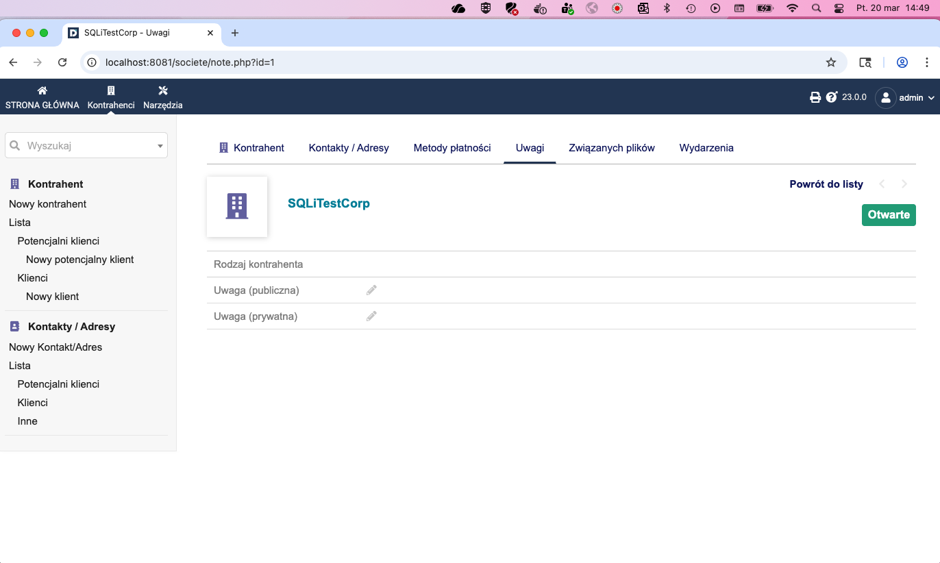 Dolibarr Notes tab before exploitation — Private Note field is empty