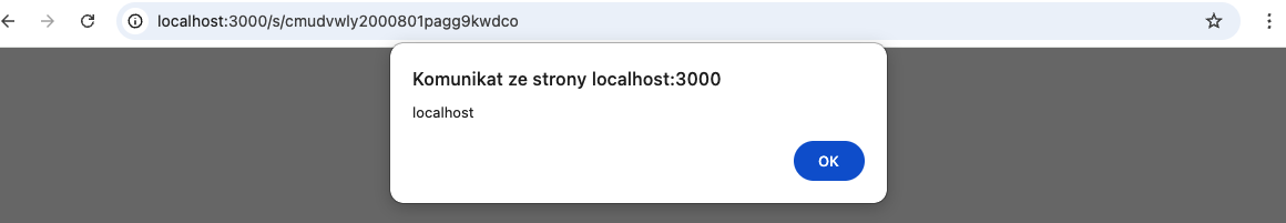 PoC — alert document.domain executed on the /s/ survey page of a real Formbricks 6.0.0 instance