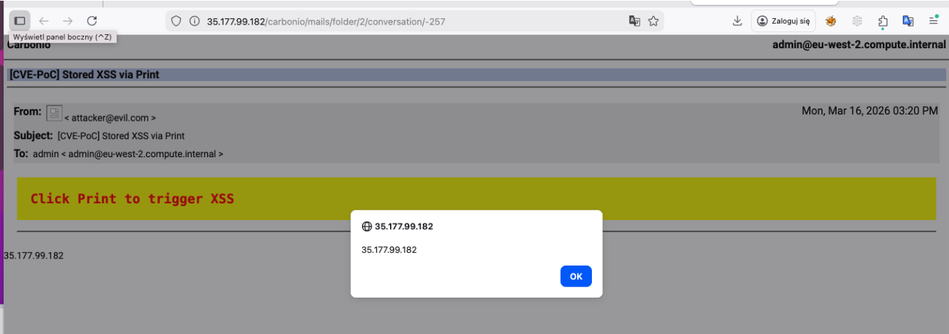Zextras Carbonio Print XSS PoC — alert wyswietlajacy document.domain w oknie wydruku